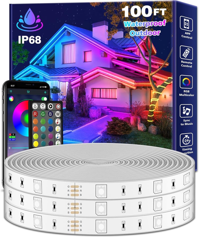 FBZ 100Ft Outdoor Waterproof LED Strip Lights,Music Sync RGB IP65 Led Lights with App Control and Remote,Color Changing Waterproof Led Rope Lights for Outdoor,Balcony,Roof,Garden,Stairs Party - Image 1